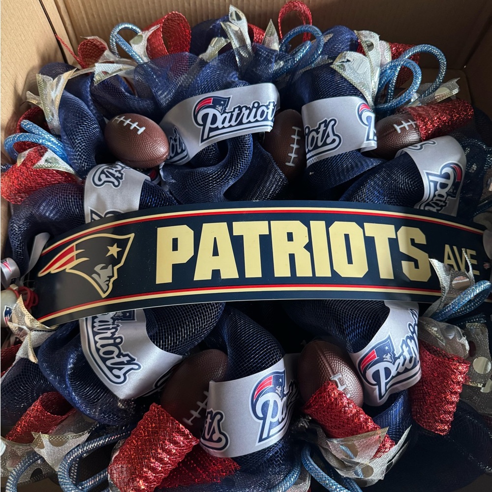 Patriots Themed Wreath with Football Accents
